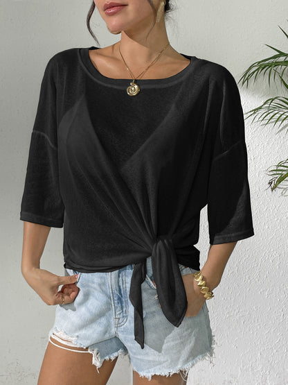 Sheer Off Shoulder Tie Front Beach Cover Up Top