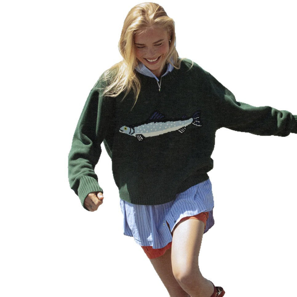 Women's Vintage Oversized Crewneck Graphic Knit Sweater