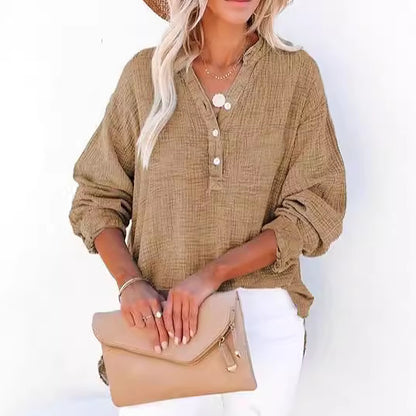 Cotton Gauze Henley Long Sleeve Relaxed Fit Top