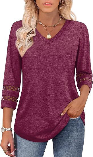 White V-Neck Lace Sleeve Casual Knit Top for Women