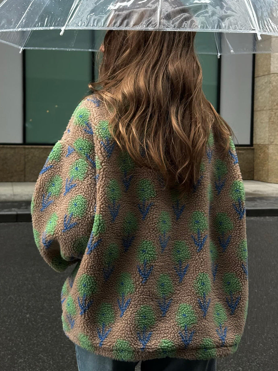Floral Fleece Half Zip Pullover High Neck Oversized Sweatshirt