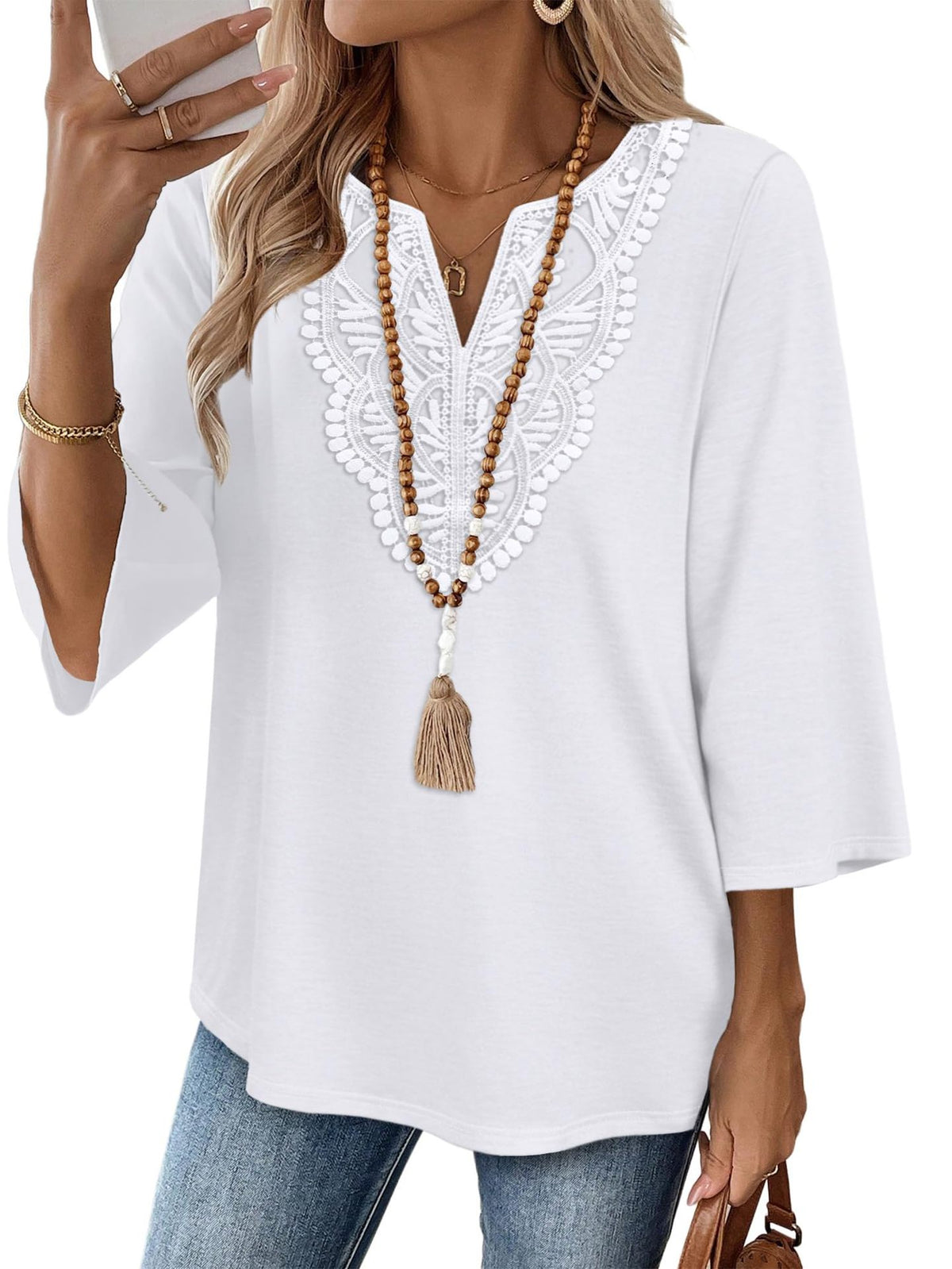 Women's V-Neck Lace Trim Loose Casual Blouse