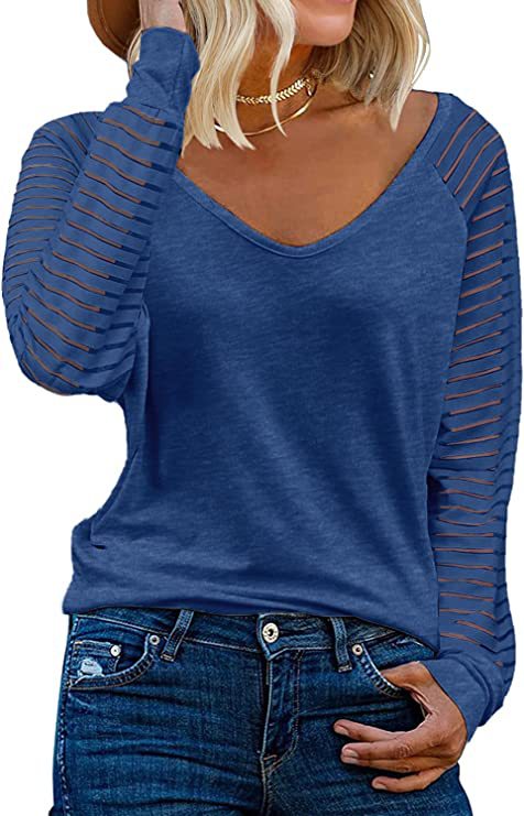 Striped Sleeve V Neck Cotton Long Sleeve Top