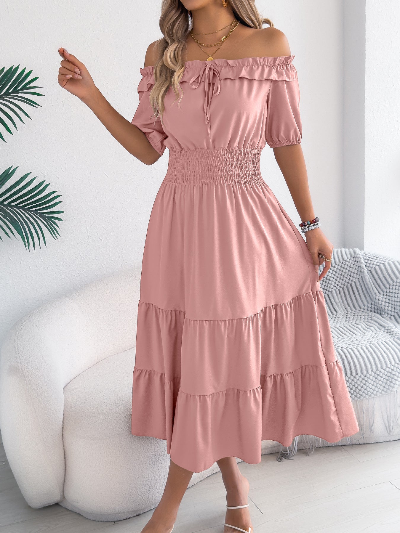 Off Shoulder Smocked Waist Maxi Dress Ruffle Sleeve
