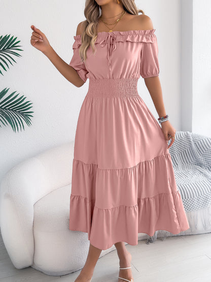 Off Shoulder Smocked Waist Maxi Dress Ruffle Sleeve