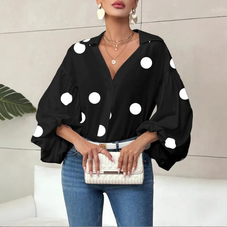 Women's Polka Dot V-Neck Puff Sleeve Loose Blouse