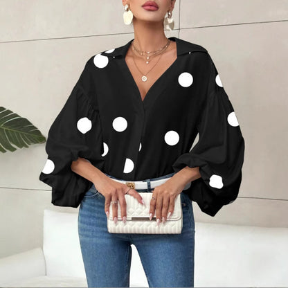 Women's Polka Dot V-Neck Puff Sleeve Loose Blouse