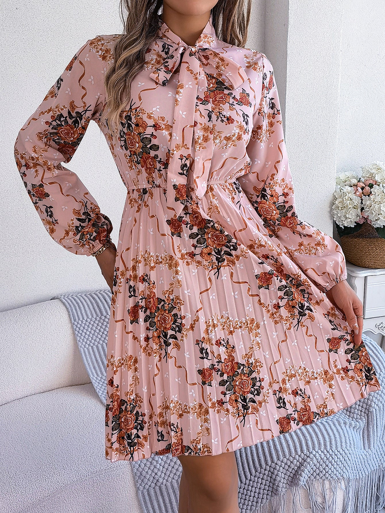 Floral Tie Neck Long Sleeve Pleated Midi Dress