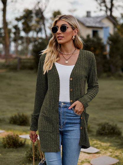 Ribbed Knit Cardigan Long Sleeve Button Pocket Sweater