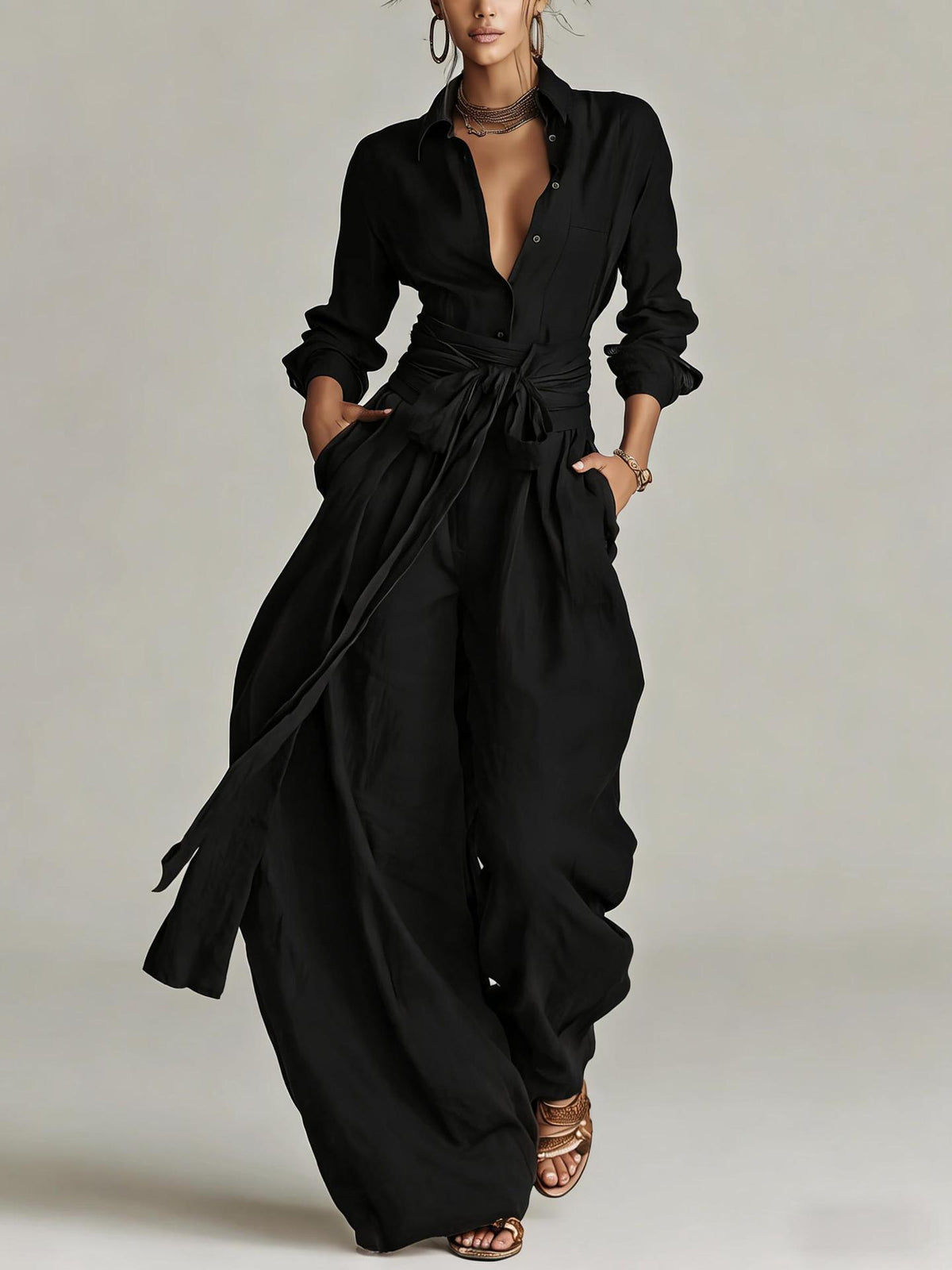 Linen Two Piece Set High Waist Wide Leg Pants
