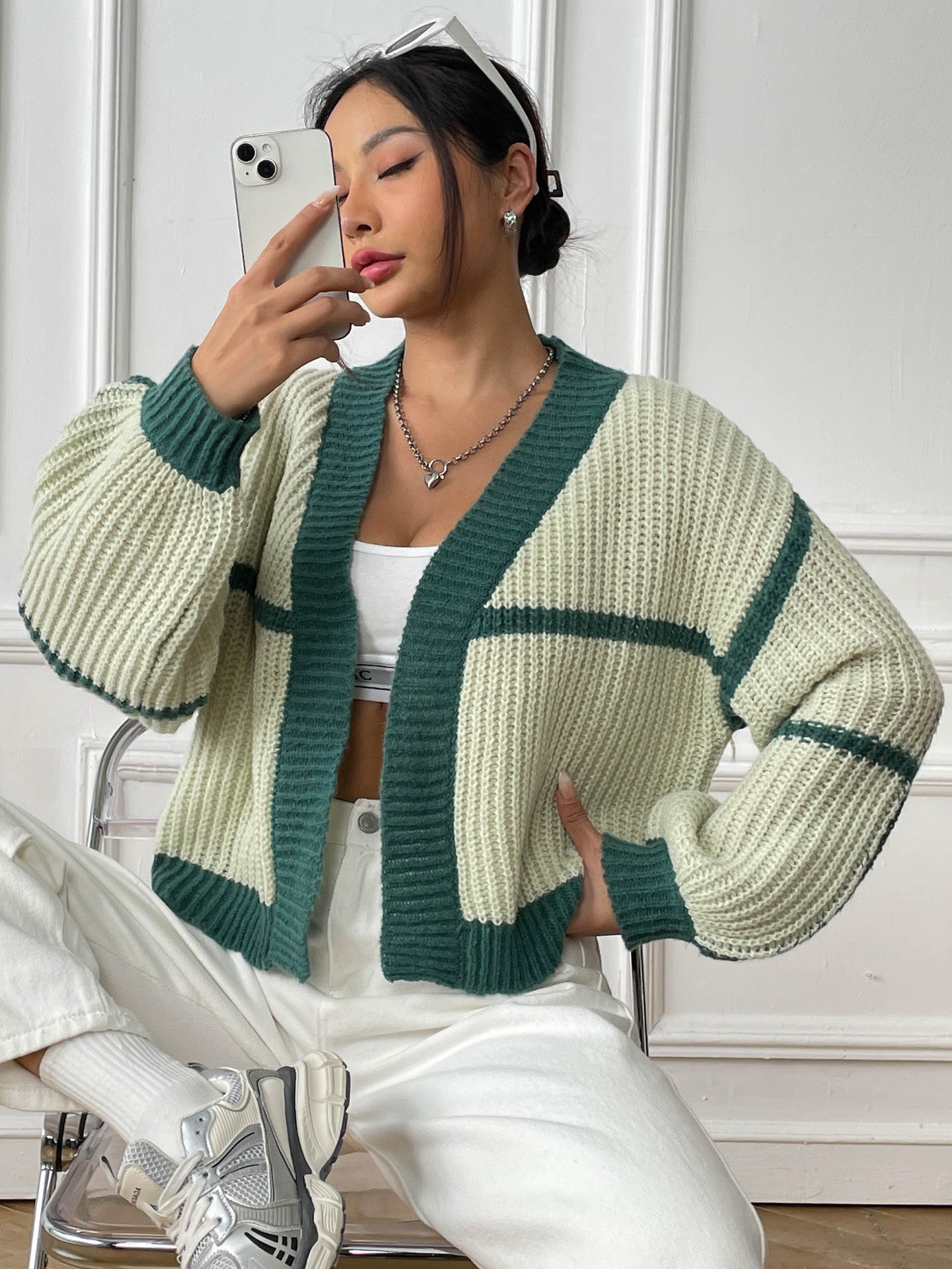 Color Block Cardigan Sweater with Loose Fit for Fall
