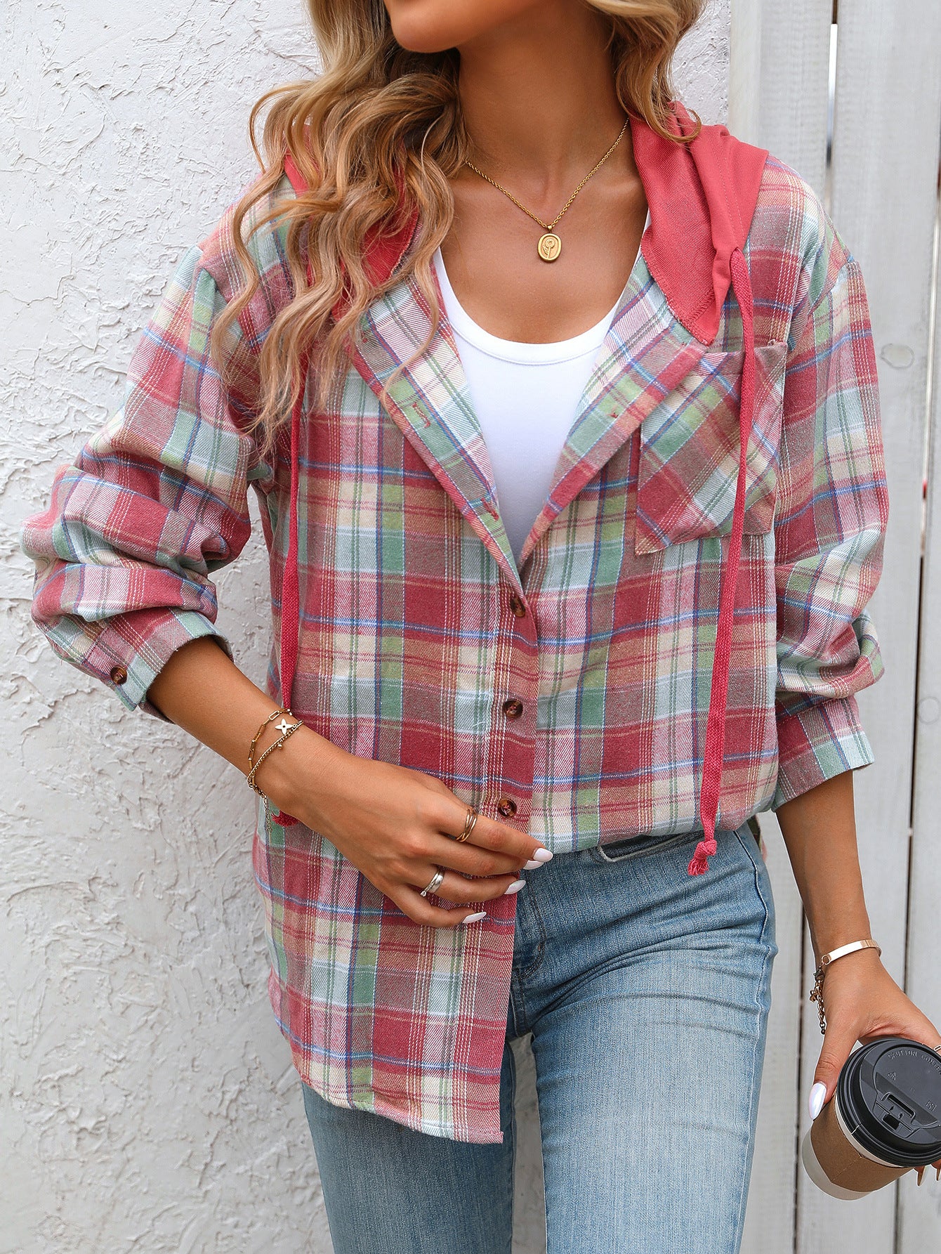Plaid hooded button down shirt oversized fit