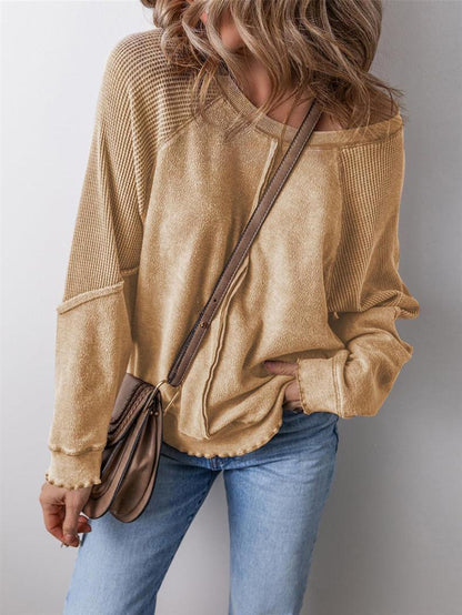Oversized Patchwork Waffle Knit Crewneck Sweatshirt