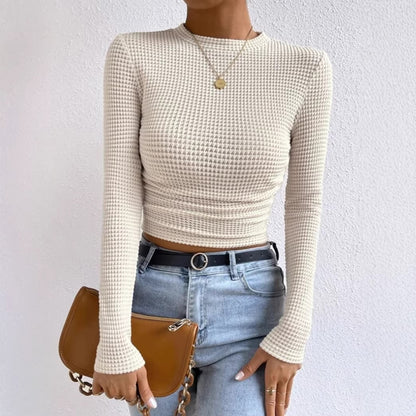 Women's Ruched Waffle Knit Long Sleeve Crop Top