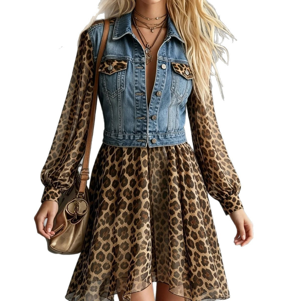 Leopard Chiffon Denim Patchwork Long Sleeve Dress