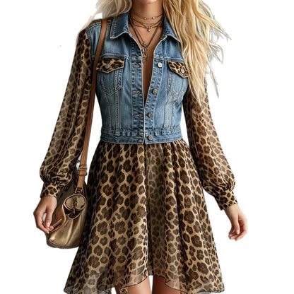 Leopard Chiffon Denim Patchwork Long Sleeve Dress