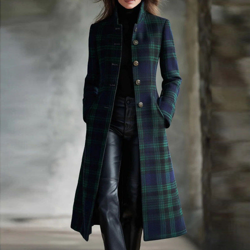 Women's Plaid Long Button Front Coat Streetwear