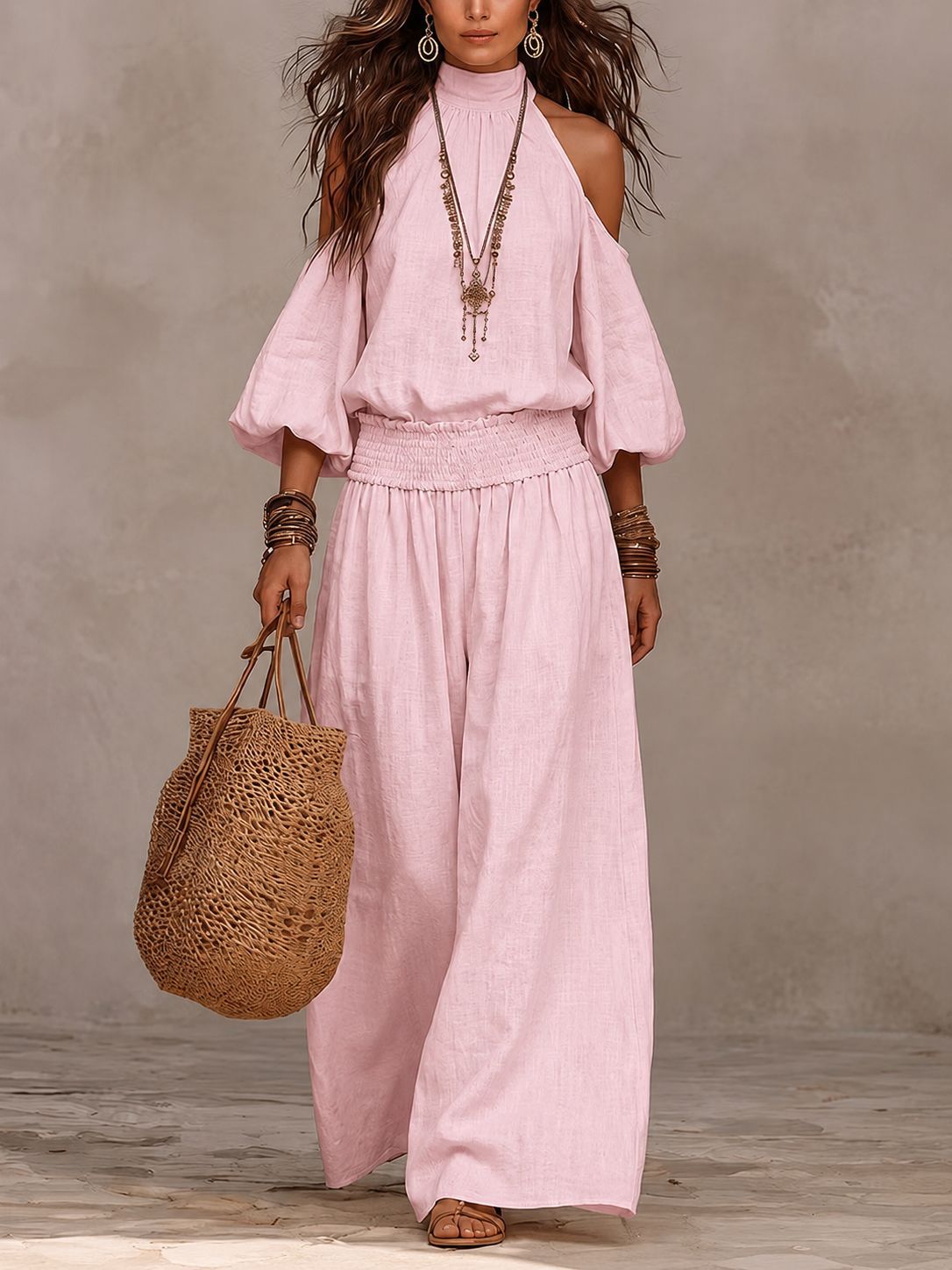 Women's Cold Shoulder Smocked Wide Leg Pants Two Piece Set
