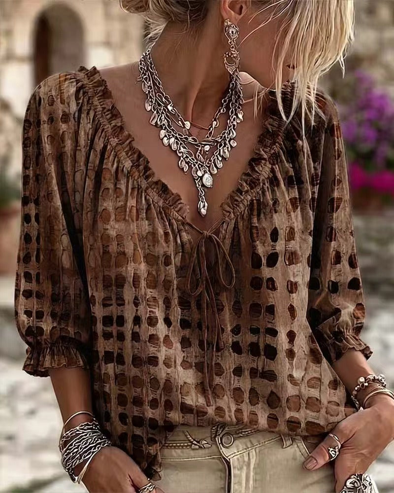 Boho Polka Dot Tie Front V Neck 3/4 Sleeve Blouse