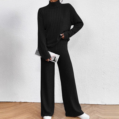 Women's Ribbed Turtleneck Sweater Wide Leg Pants Set