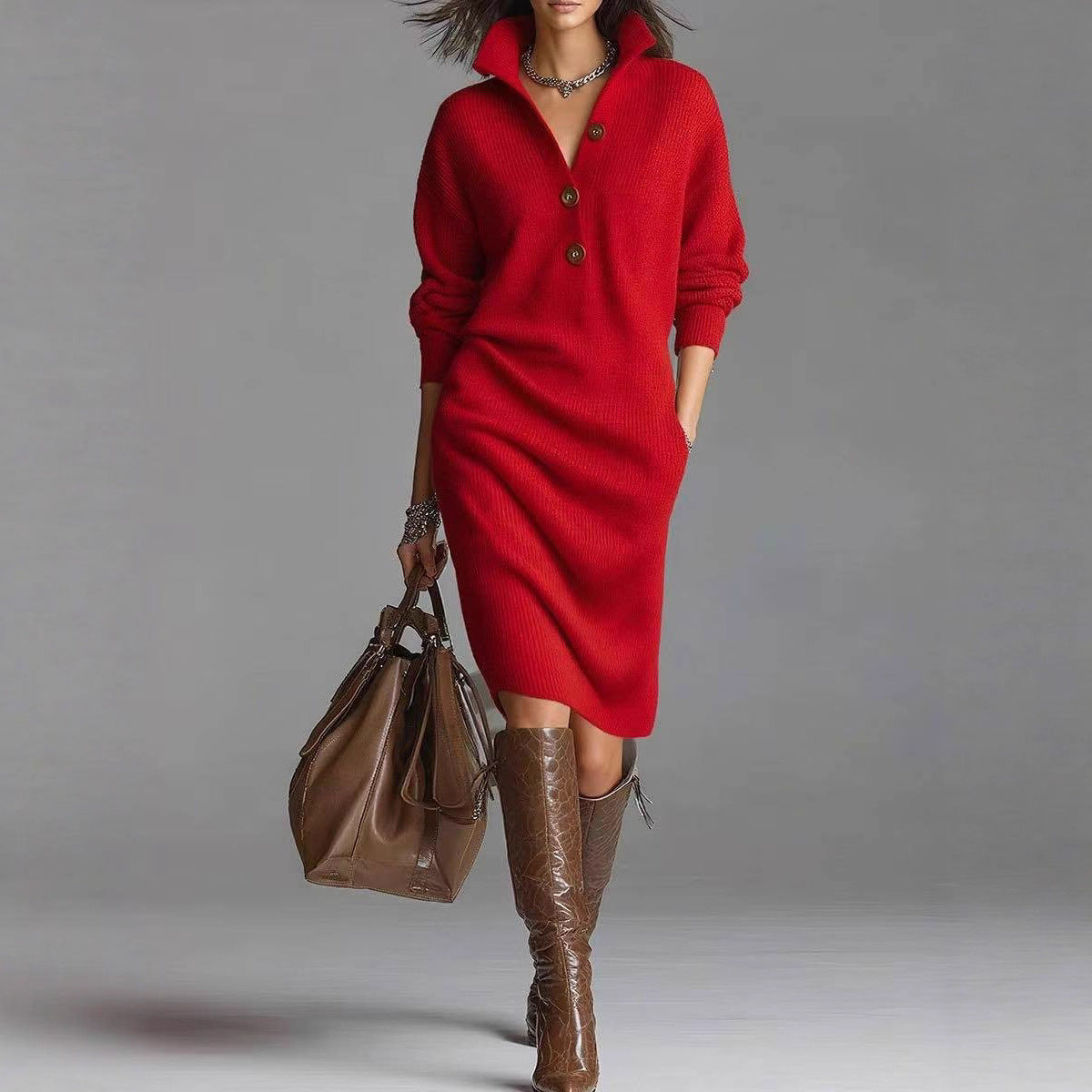 Women's Oversized Button Front Midi Sweater Dress