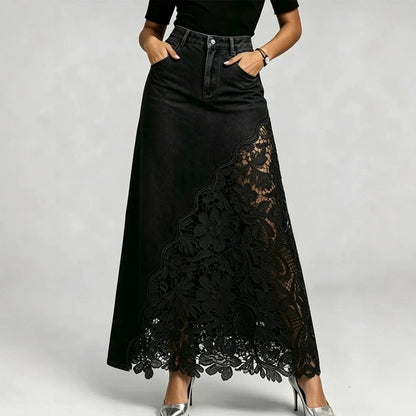 Women's Denim Lace Patchwork Maxi Skirt