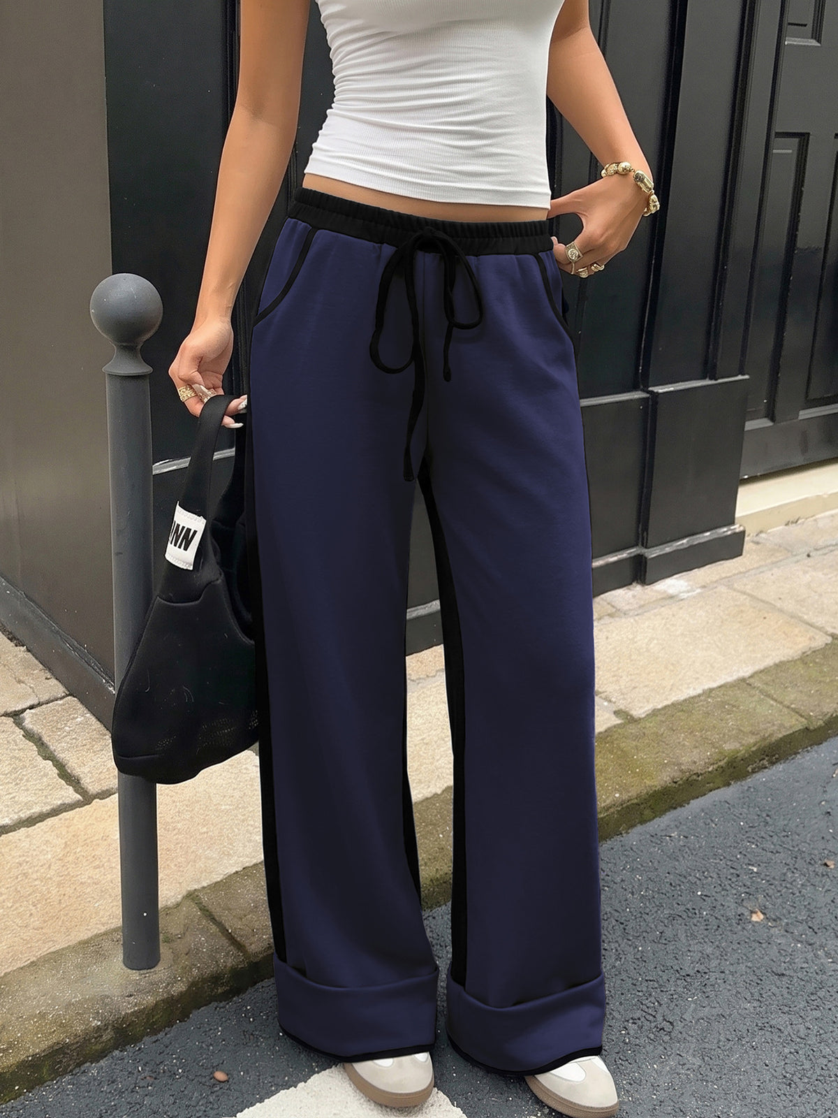 Women's High Waist Colorblock Wide Leg Sweatpants Pockets