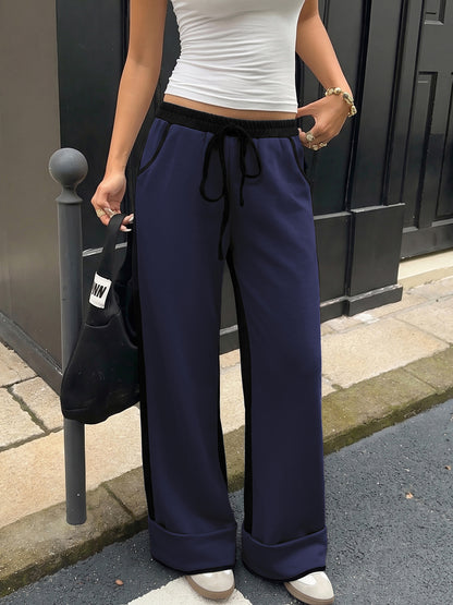 Women's High Waist Colorblock Wide Leg Sweatpants Pockets