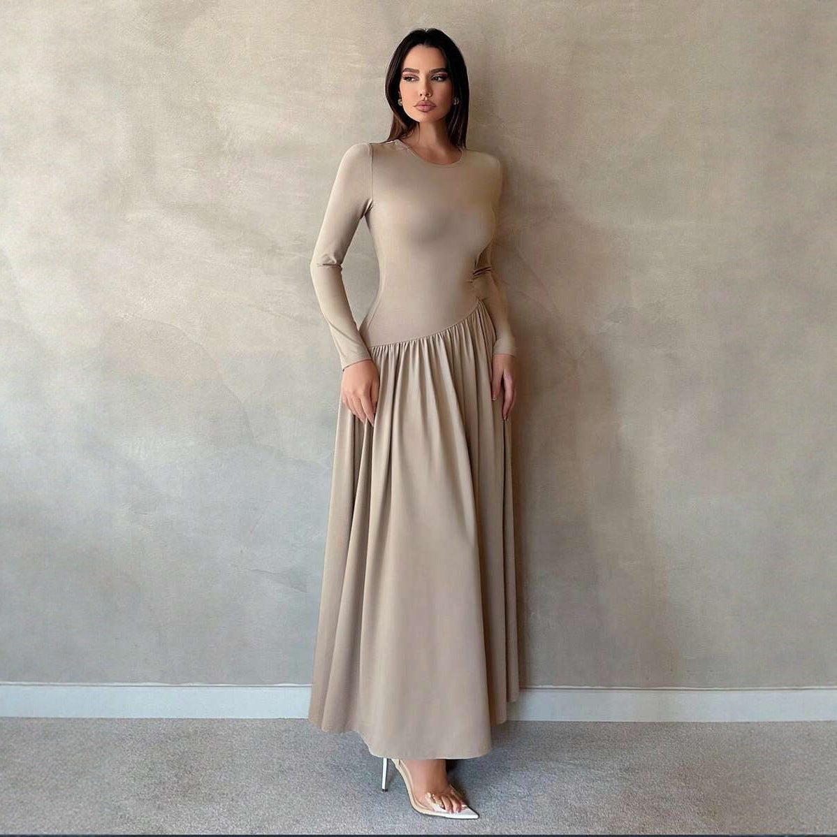 Crew Neck Long Sleeve Fit and Flare Maxi Dress
