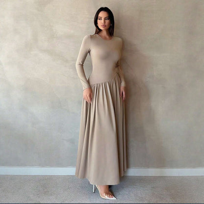 Crew Neck Long Sleeve Fit and Flare Maxi Dress