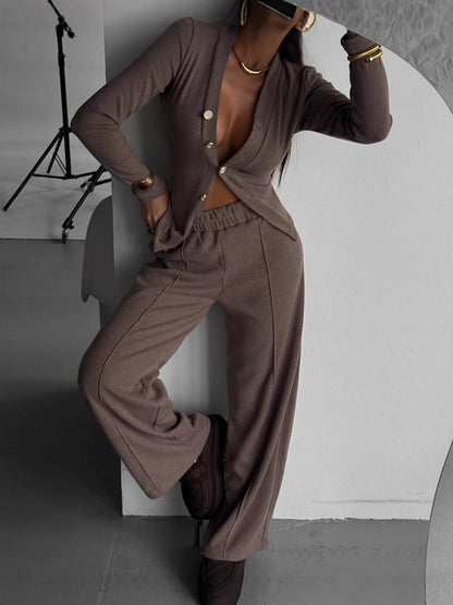 Women's Ribbed Button Cardigan Pants Matching Set