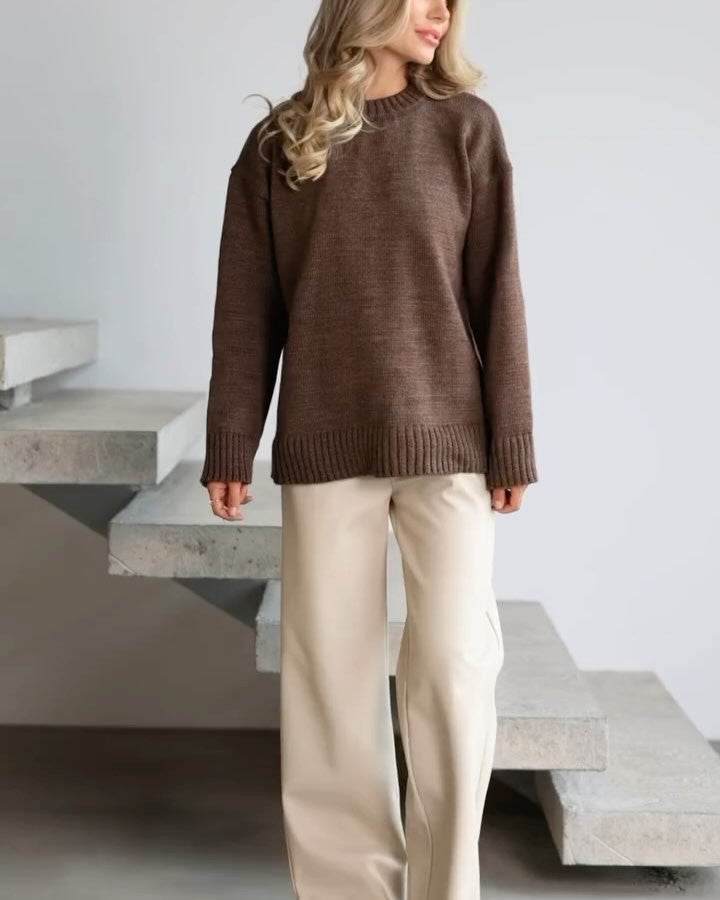 Women's Oversized Crew Neck Solid Knit Pullover Sweater