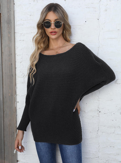 Ladies Cross Solid Color Bat Sleeve One-Neck Loose Sweater