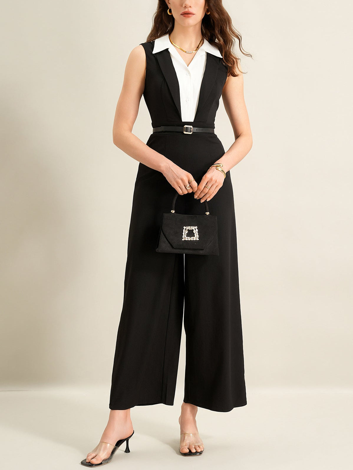 Black White Sleeveless Jumpsuit Elegant Work Outfit