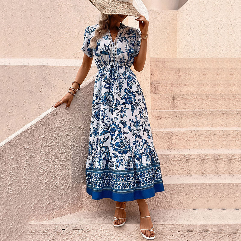 Blue Floral Boho Maxi Dress V Neck Vacation Midi Dress
