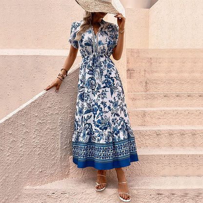 Blue Floral Boho Maxi Dress V Neck Vacation Midi Dress