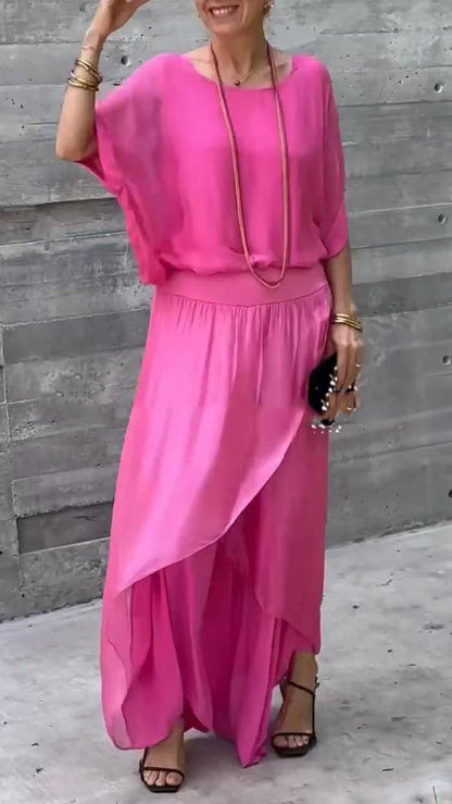Womens Chiffon Two Piece Set Wide Leg Pants Flowy Ruffle
