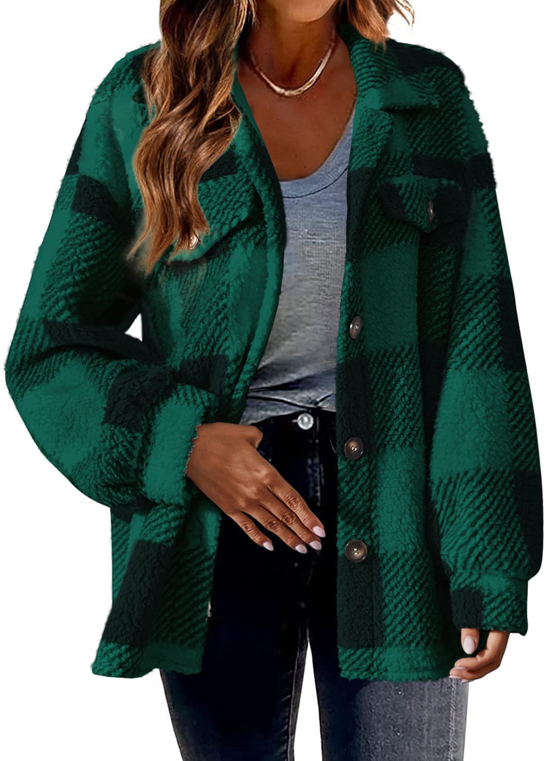 Women's Oversized Plaid Sherpa Shacket Jacket Pockets