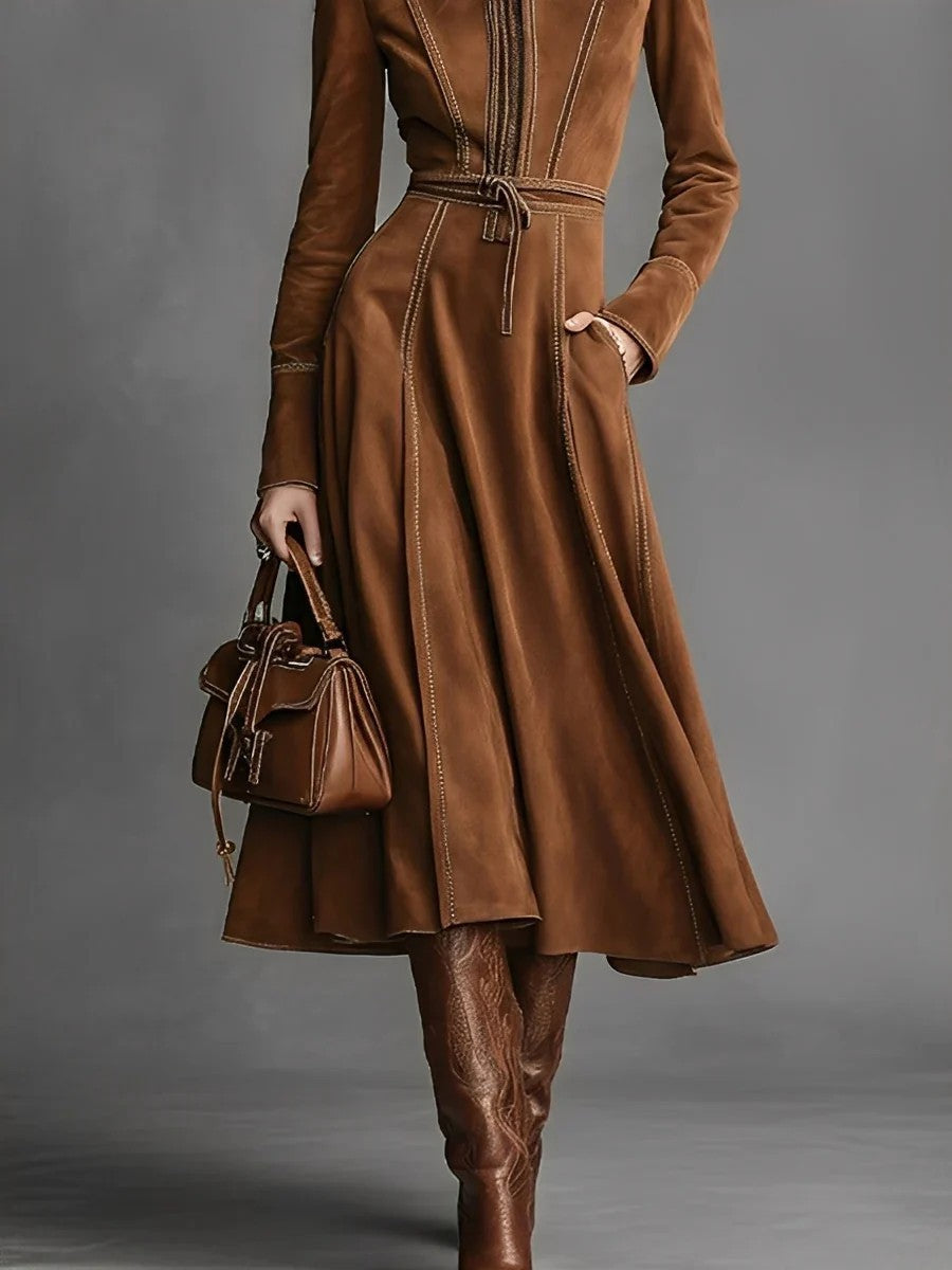 Vintage Faux Suede Long Sleeve Belted Zip Front Maxi Dress