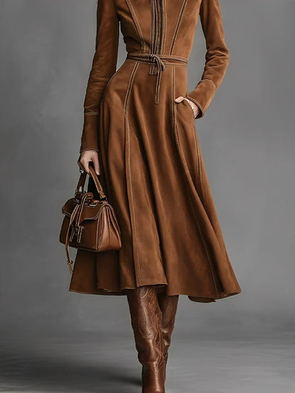 Vintage Faux Suede Long Sleeve Belted Zip Front Maxi Dress