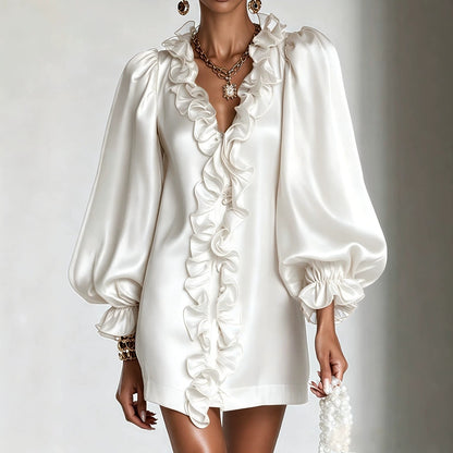 Women's Puff Sleeve Ruffle Deep V-Neck Mini Dress