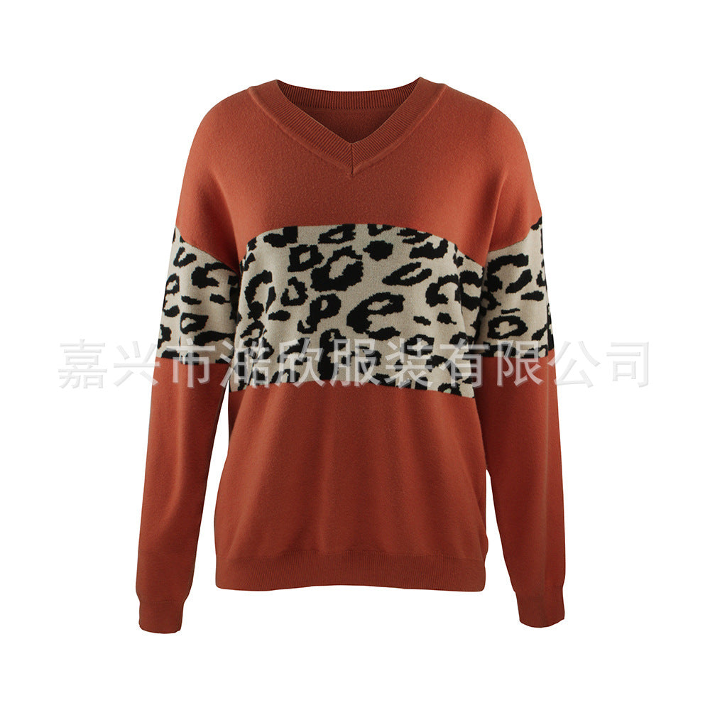 Women's V-Neck Leopard Color Block Sweater