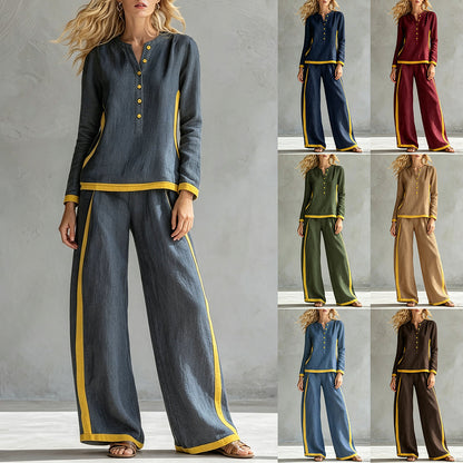 Women's Colorblock Wide Leg Pant Set Button Front Top