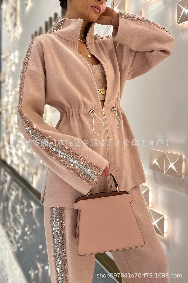 Women's Sequin Drawstring Wide Leg Pants Two Piece Set