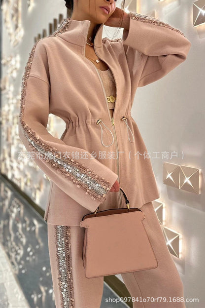 Women's Sequin Drawstring Wide Leg Pants Two Piece Set