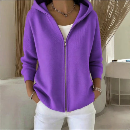 Hooded Zip Up Knit Cardigan with Drop Shoulders