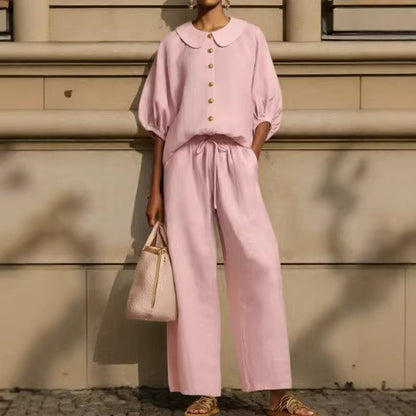 Women's Puff Sleeve Collared Shirt Wide Leg Pants Set