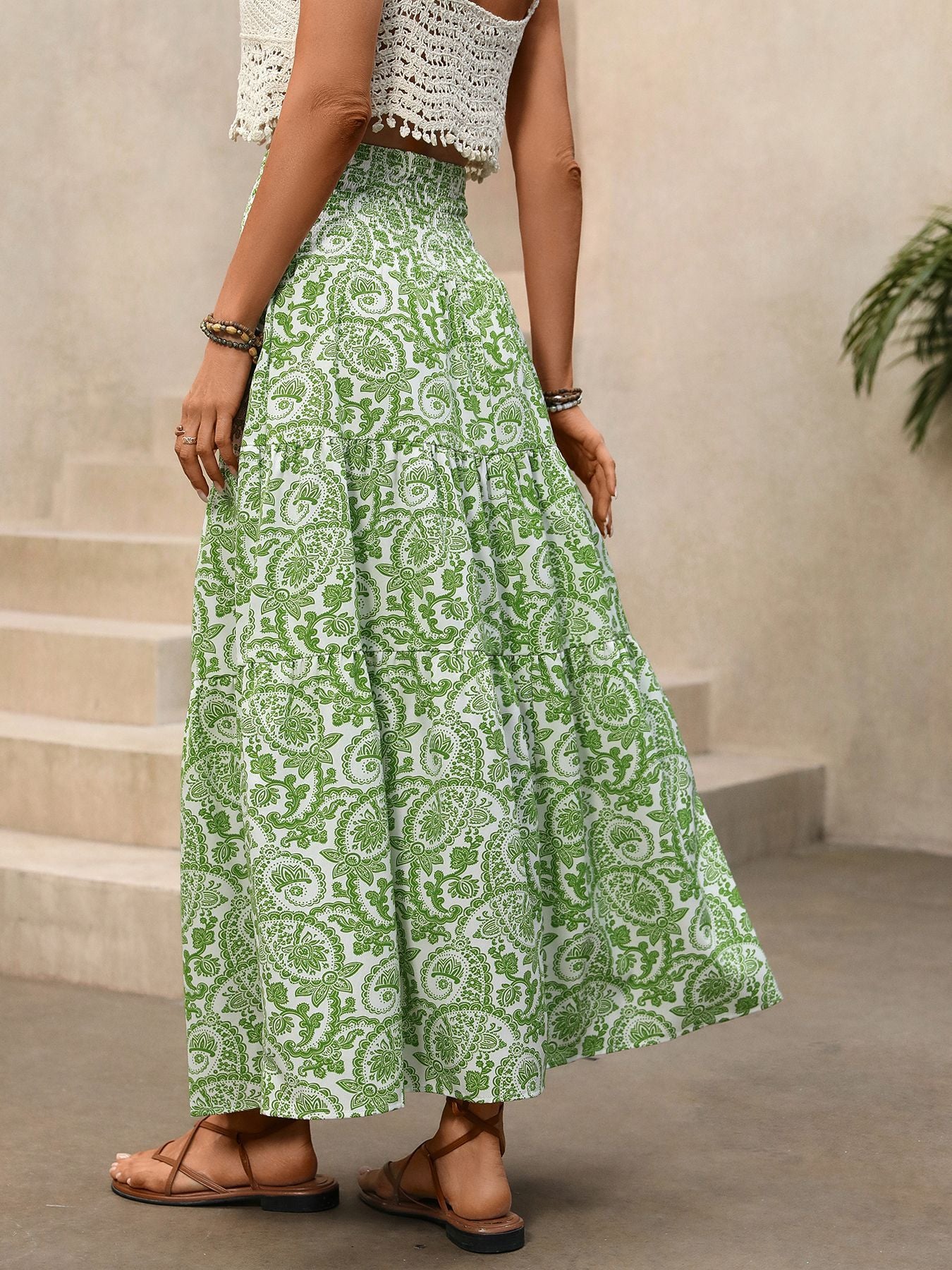 Boho Paisley Maxi Skirt Tassel Drawstring Elastic Waist Green
