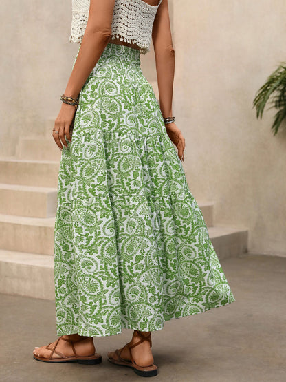 Boho Paisley Maxi Skirt Tassel Drawstring Elastic Waist Green