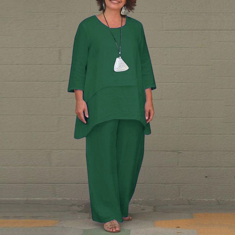 Linen Blend Two Piece Set Wide Leg Pants Plus Size Solid
